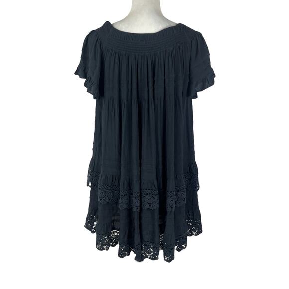 1st Sight Black Boho Off-The-Shoulder Tiered Mini Dress Lace Trim Size Small - Picture 3 of 7
